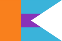 A flag split in four sections of alternating light blue and orange colour. In the middle of the flag is a purple oval.