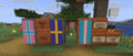 A set of banners in Newkent: Patra, Jotlond, and the Trans flag.